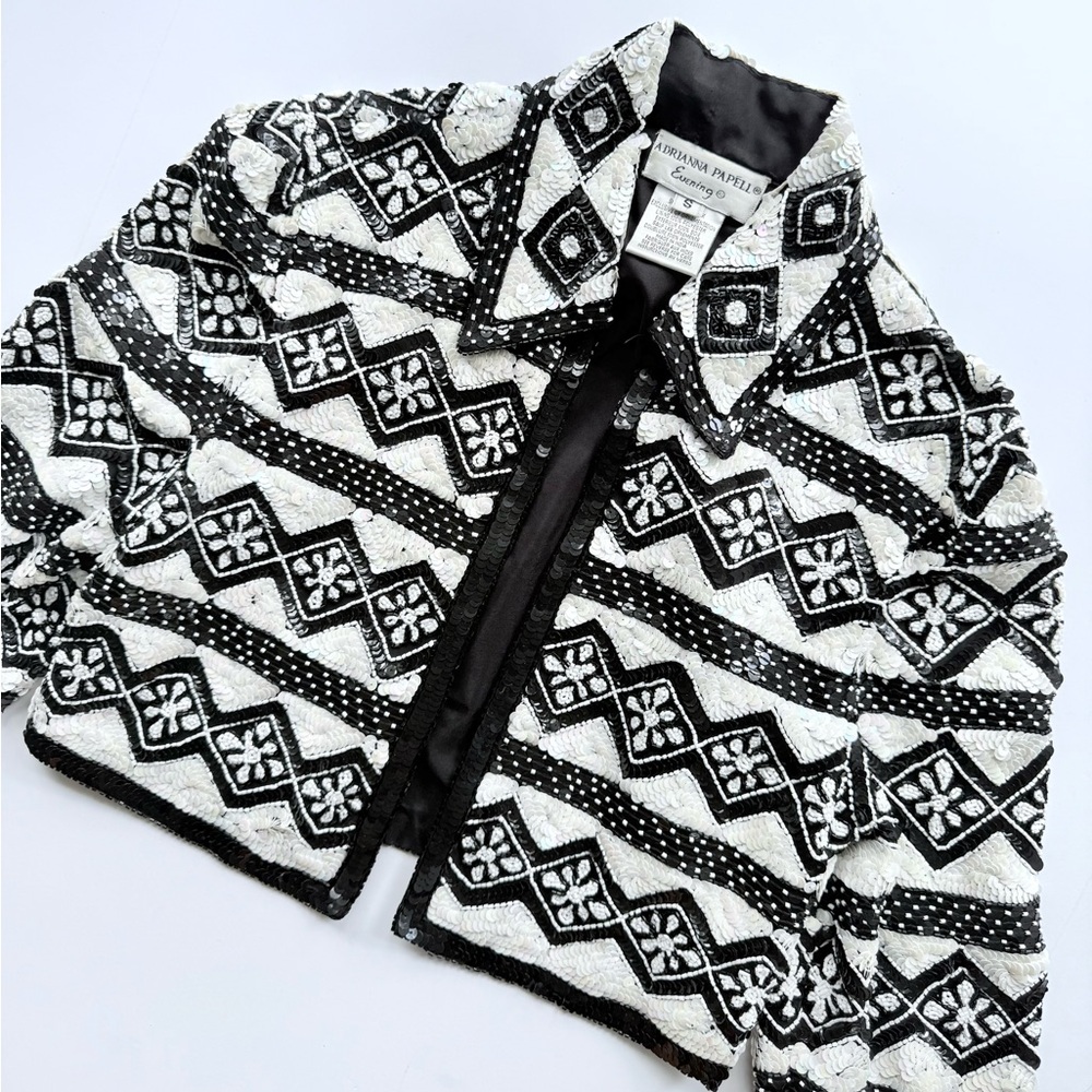 Vintage Adrianna Papell Beaded & Sequin Silk Bolero Jacket S Black & White - Picture 3 of 15